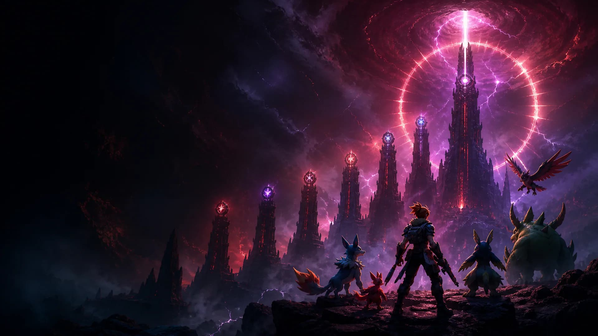 A prepared Palworld team facing nine illuminated Hard Mode towers