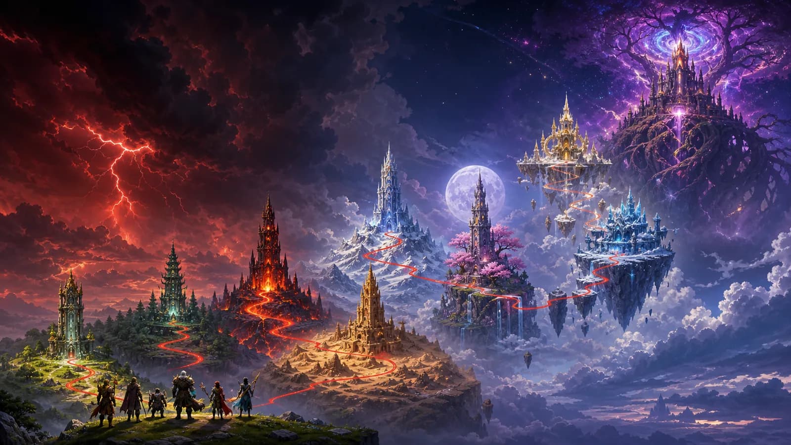 Nine distinct towers connected by a rising route toward a cosmic World Tree citadel