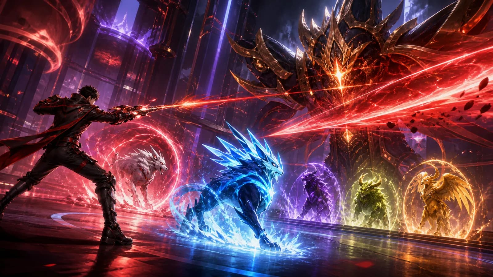 A trainer firing while recalling one companion and deploying another inside a tower arena