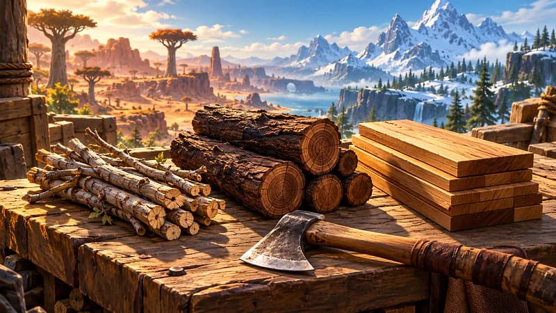 Generated editorial illustration of pale branches, dark hardwood logs and finished boards on a workbench