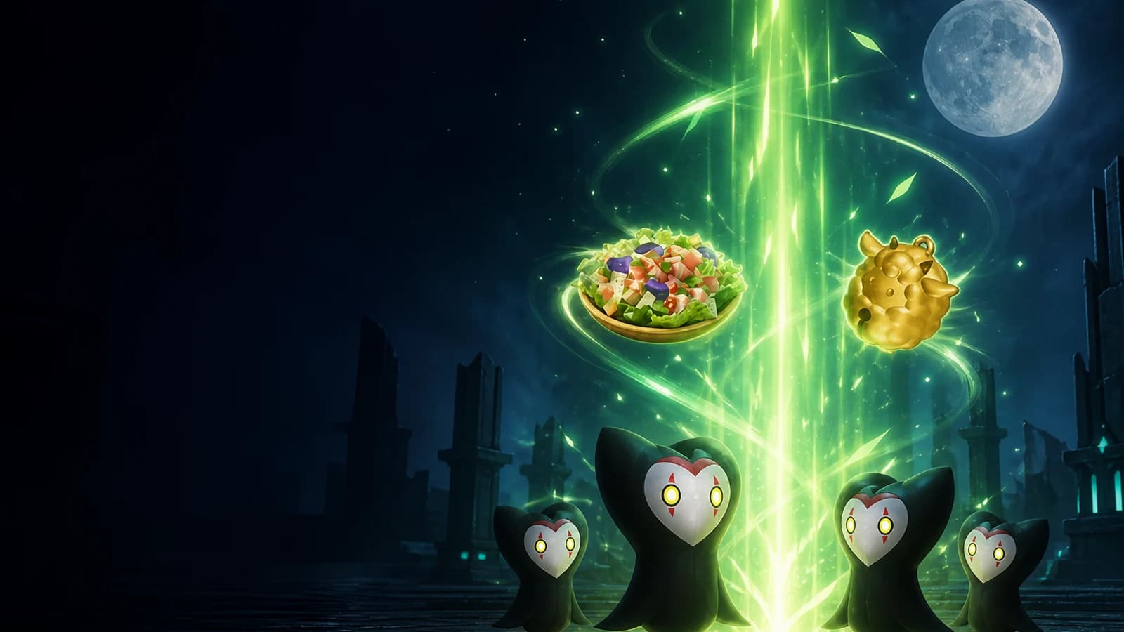 Four Omasculs channeling a rising column of green experience energy in a night boss arena, with a Seafood Salad and the golden Growth Acceleration Bell floating beside the light