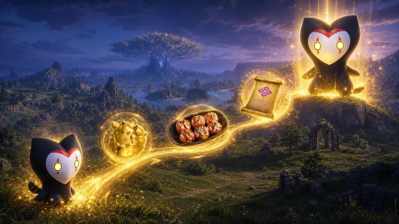 Omascul follows a glowing experience route past a Growth Acceleration Bell, food buff, and Training Manual toward maximum power
