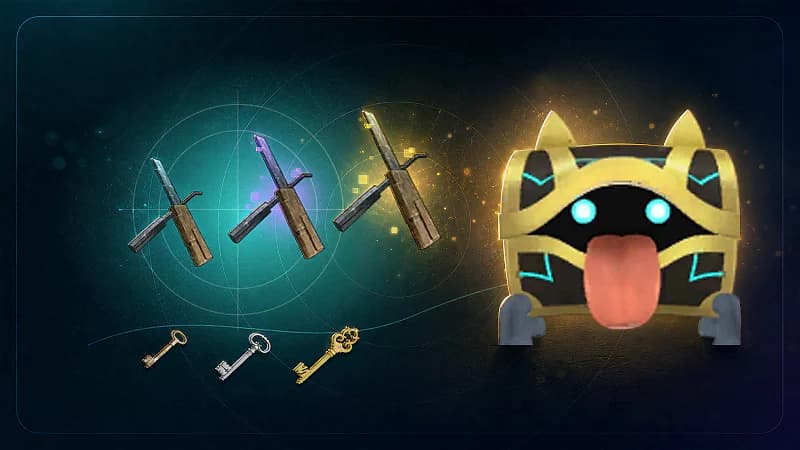 The three Palworld lockpicking tools beside Copper, Silver, and Gold Keys with Mimog ready to open a chest