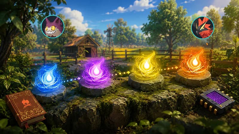 The four Pal Soul tiers glowing on stone pedestals along a sunny farm path, with a work handbook and Grintale and Ragnahawk portraits