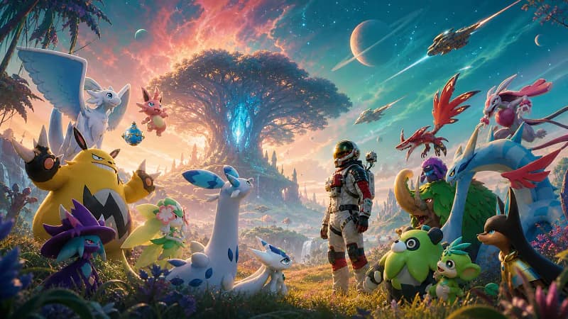 Speculative crossover concept art of a No Man's Sky Traveller meeting Palworld Pals beneath a luminous World Tree on an alien planet