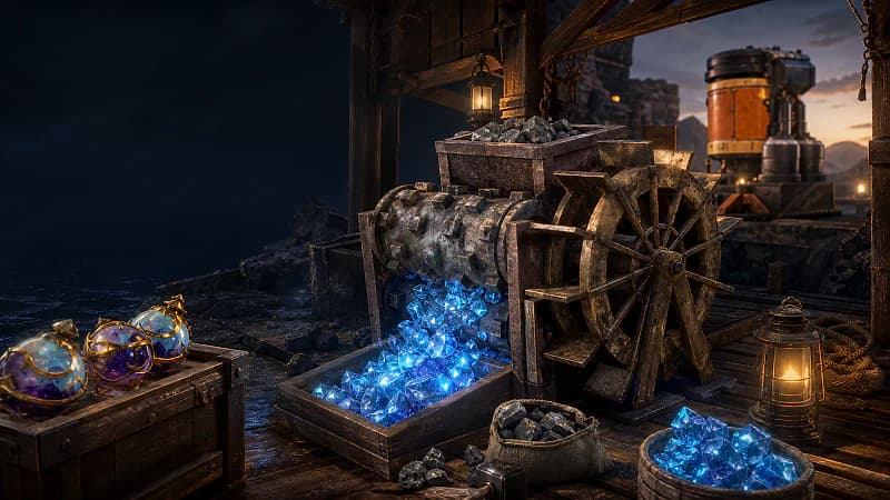 A Palworld Crusher processing stone into glowing blue Paldium beside Ultimate Spheres and a Crude Oil Extractor