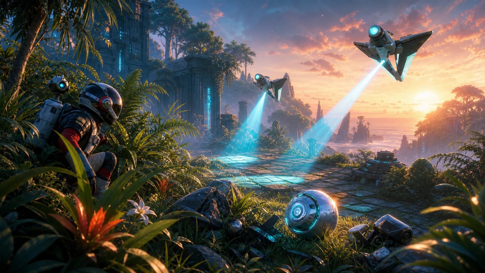 A survivor hides in a sunset wildlife sanctuary as two Patrol Drones sweep searchlights over a glowing AI Core among machine wreckage.