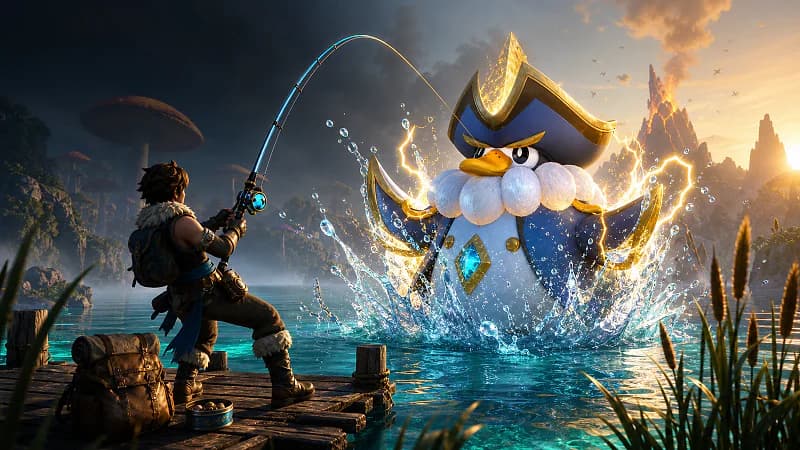 A level 15 adventurer fishing a powerful electric Penking Lux from a mushroom wetland coast