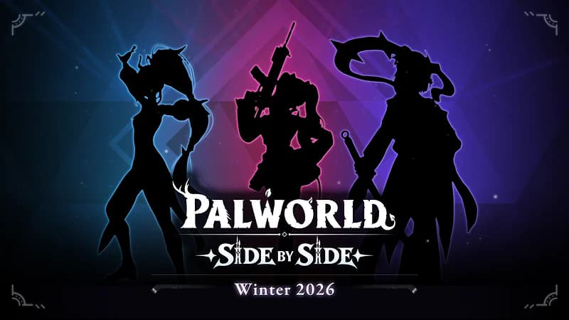 Three character silhouettes in Pocketpair's official Palworld Side by Side winter 2026 teaser