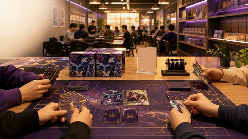 Players build decks around a Palworld card table inside a busy local game store.