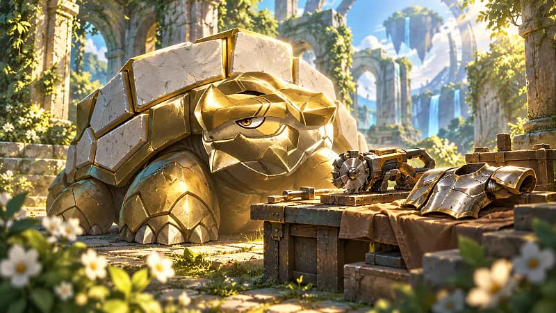 Generated editorial illustration of gold-armored Tetroise Primo beside workshop equipment