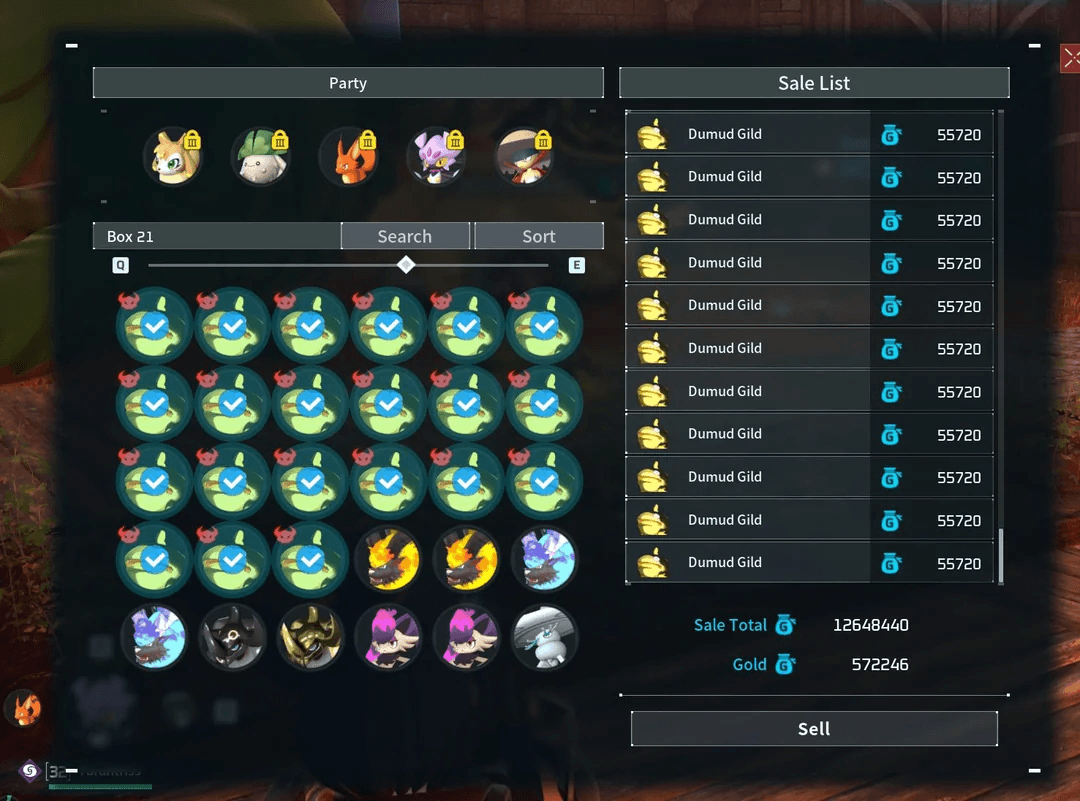 Palworld sale screen showing a box of Dumud Gild worth more than 12.6 million Gold