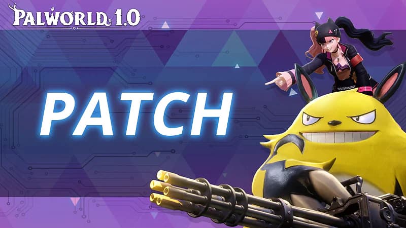Palworld 1.0 patch artwork featuring Zoe, Grizzbolt, and a player character against a purple circuit-pattern background