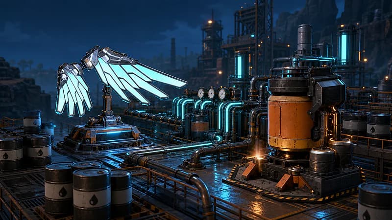 A glowing cyan Wing Pack above an orderly Palworld oil extraction and power facility