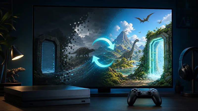 Xbox controller in front of a Palworld update screen changing from an old preview build to the full release