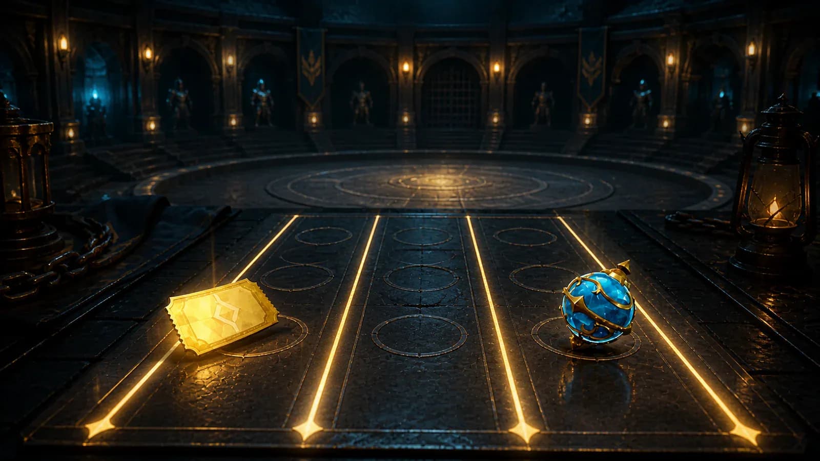 A Battle Ticket and Pal Sphere arranged on a three-lane Arena planning table