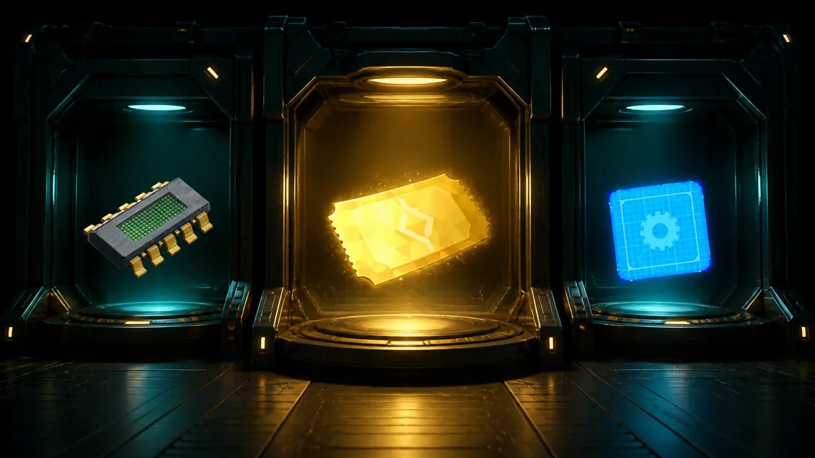 A Battle Ticket, cooldown implant, and legendary schematic in a reward vault