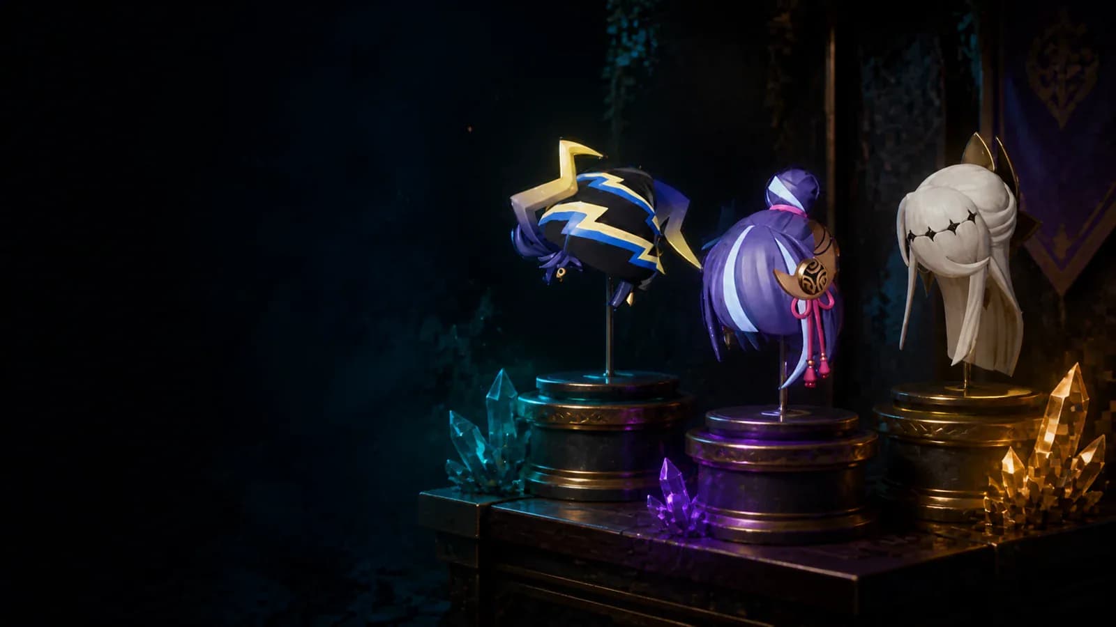 A dramatic vault display of collectible Palworld tower boss hats and hairstyles