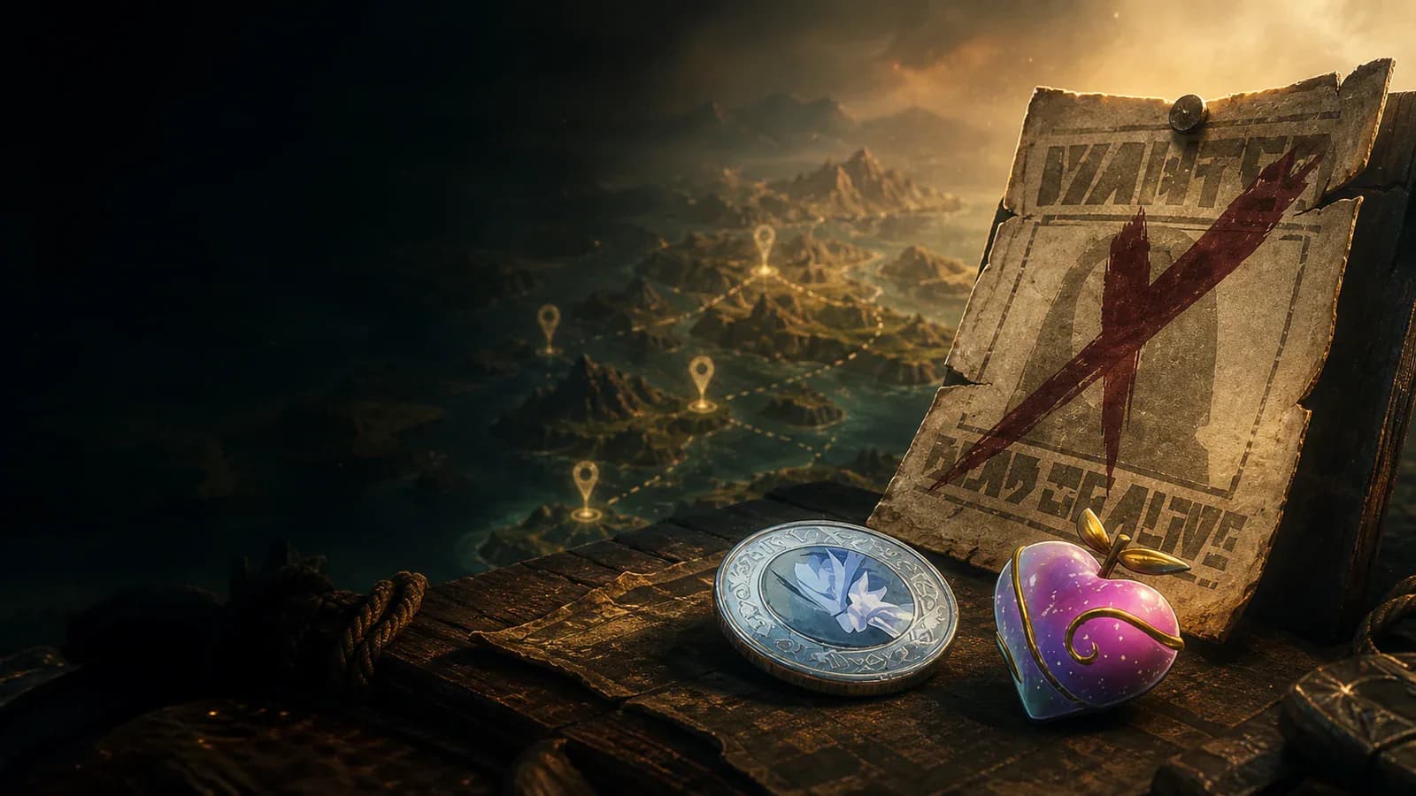A Palworld bounty hunter studying named targets beside a stack of reward tokens