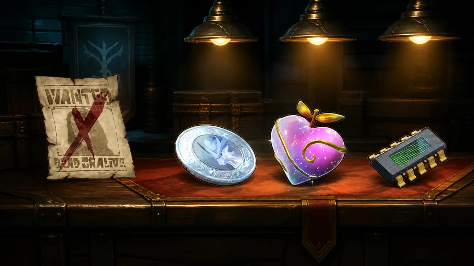 Bounty Proof, reward token, Affection Fruit, and implant on an exchange counter