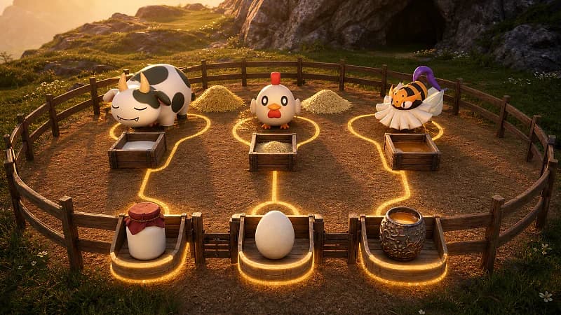 Mozzarina, Chikipi, and Beegarde follow organized ranch lanes to milk, egg, and honey collection trays