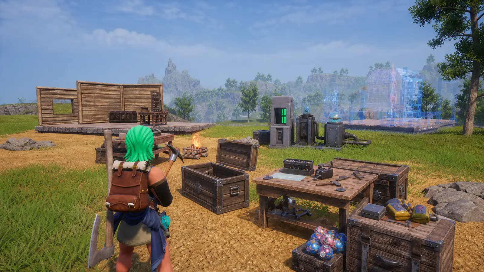 A Palworld player preparing equipment and storage at a modded base before the 1.0 update