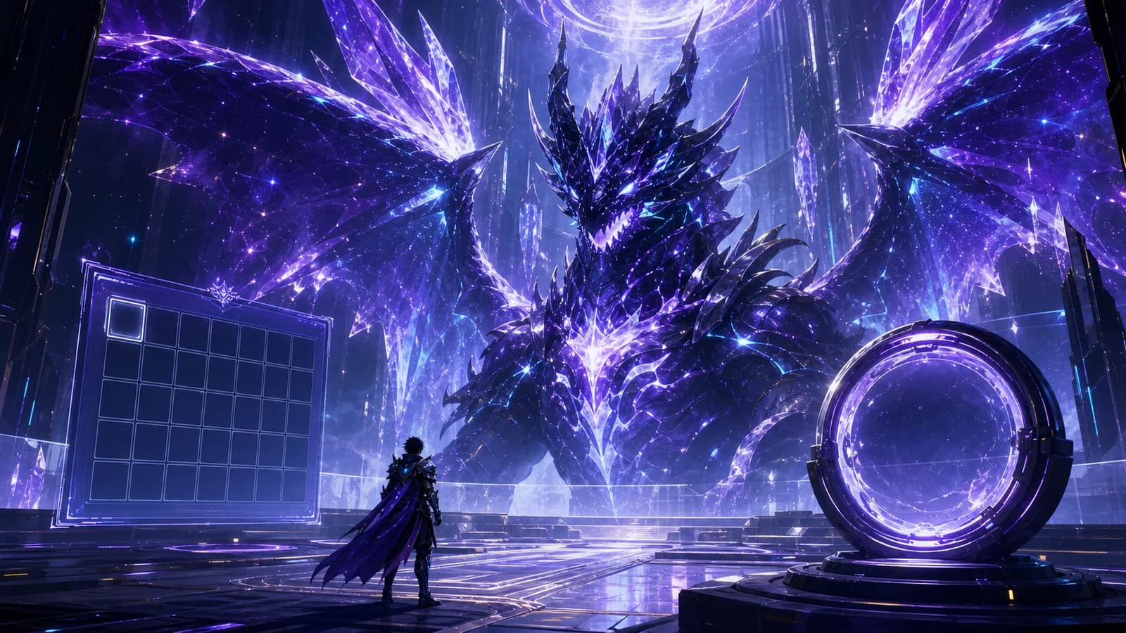 A cosmic dragon boss behind a transparent barrier with an empty capture device and storage grid