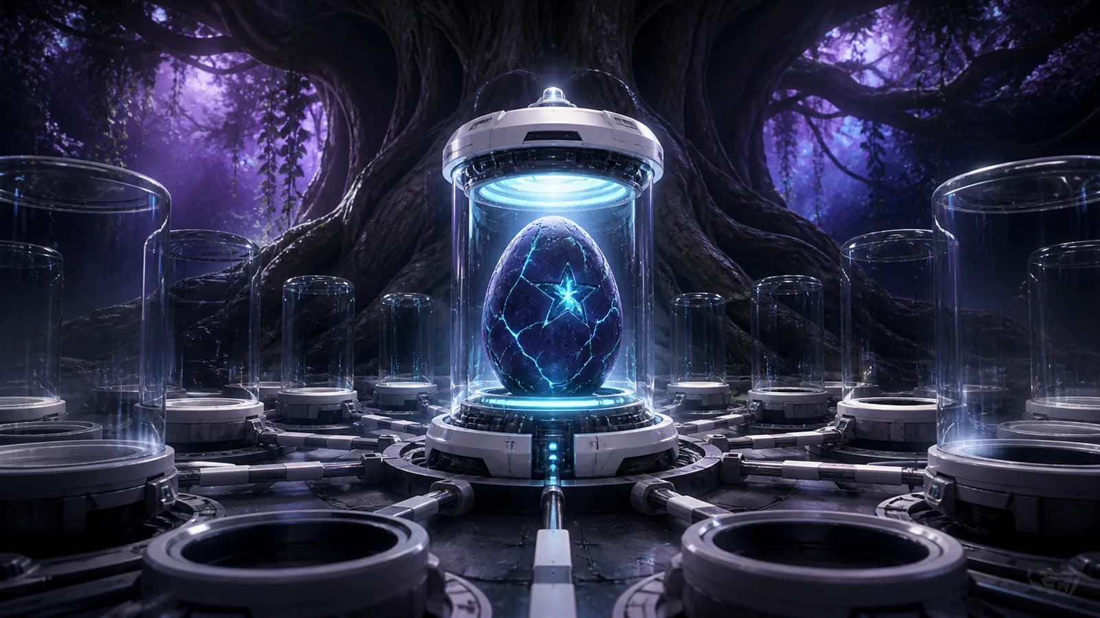 A glowing ominous egg in a World Tree incubator surrounded by empty outcome chambers