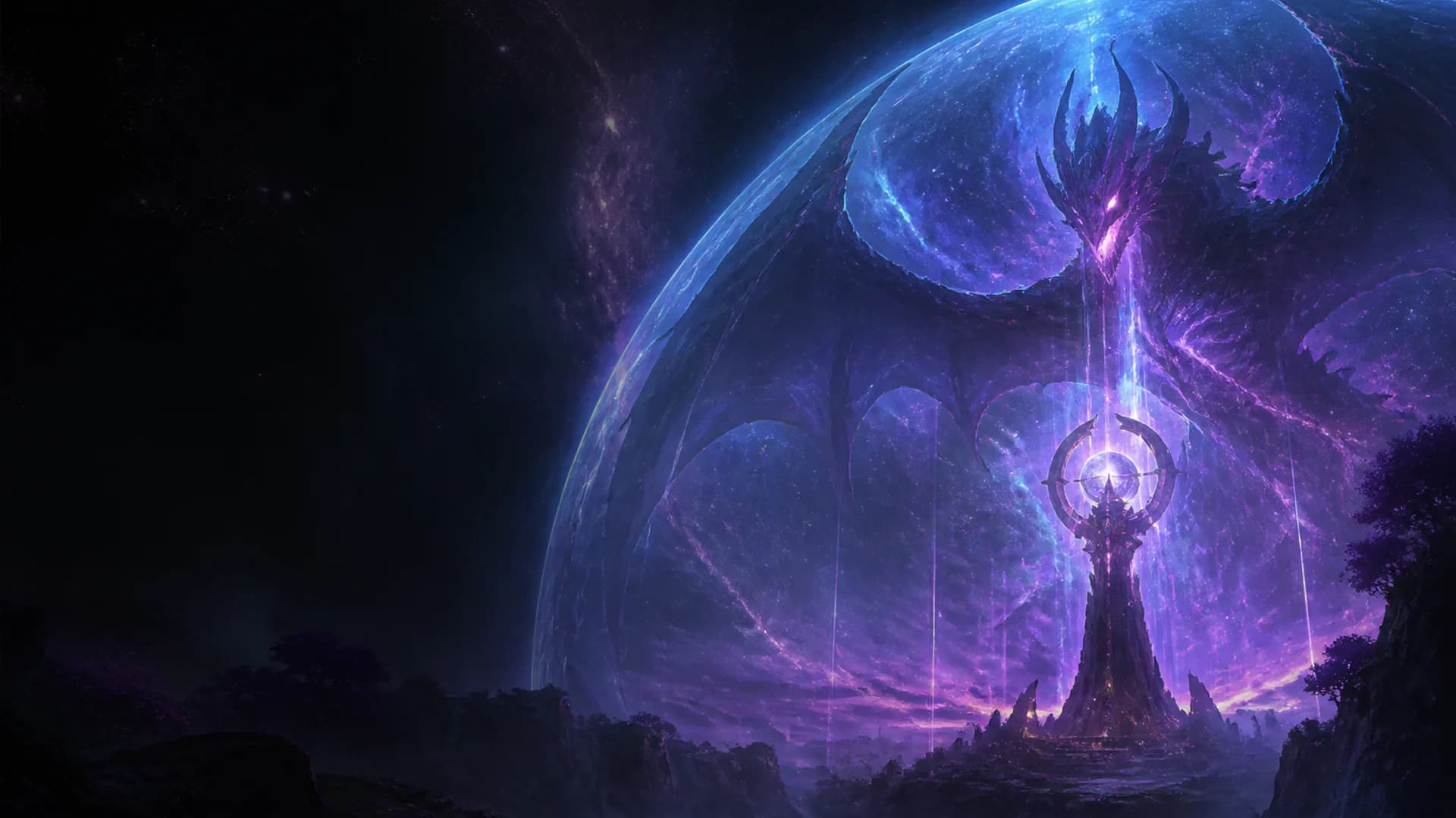 Astralym silhouetted in a cosmic World Tree arena beneath violet starlight