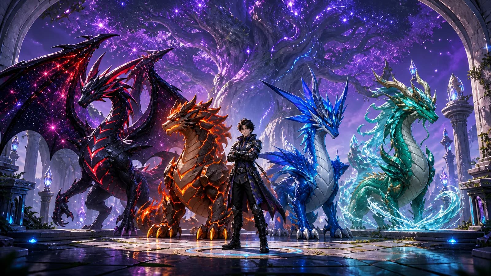 An adventurer standing with four distinct cosmic, volcanic, sky, and water dragons beneath the World Tree