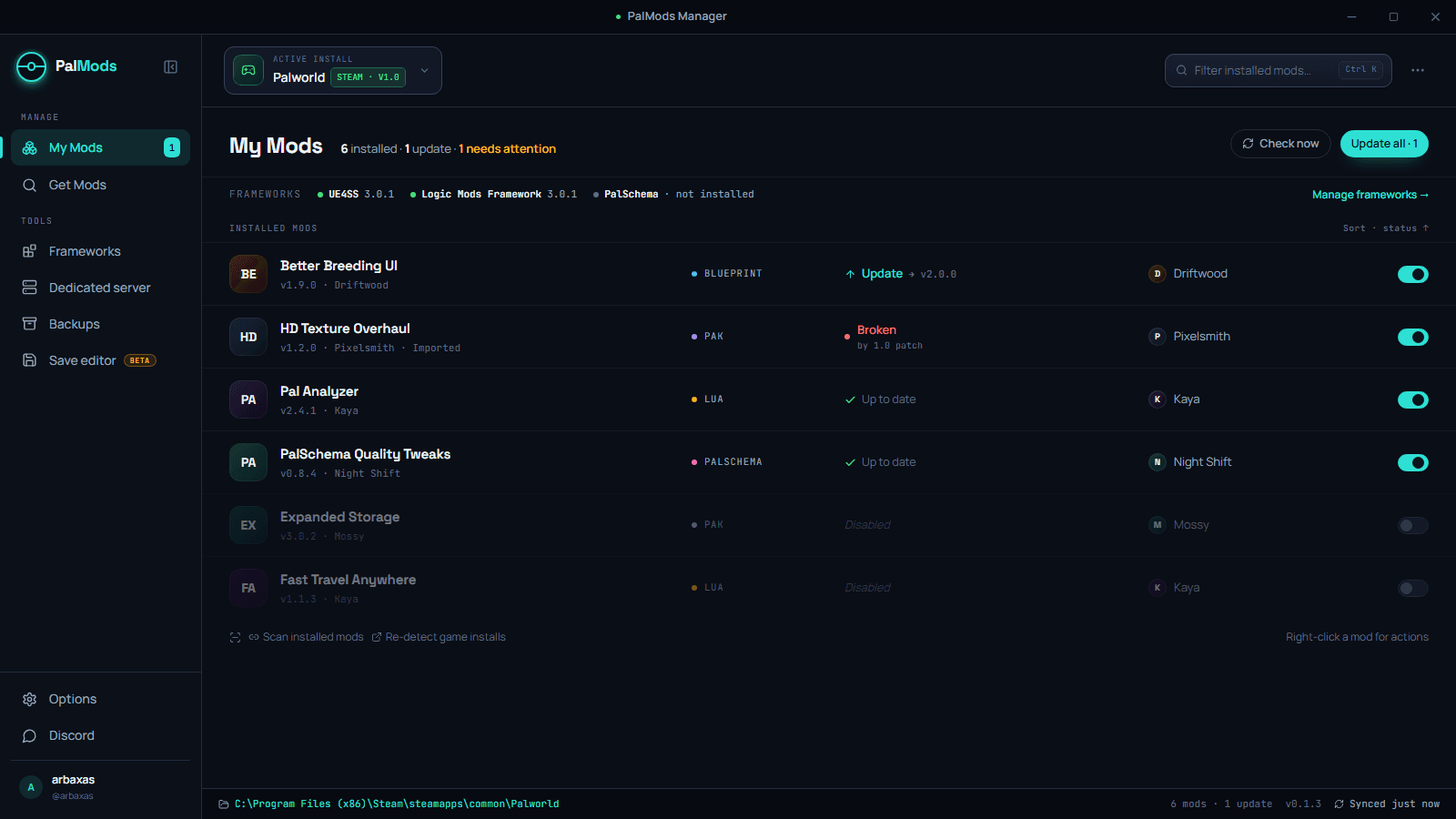 The PalMods desktop app on the My Mods screen, showing six installed mods, framework versions, and one pending update