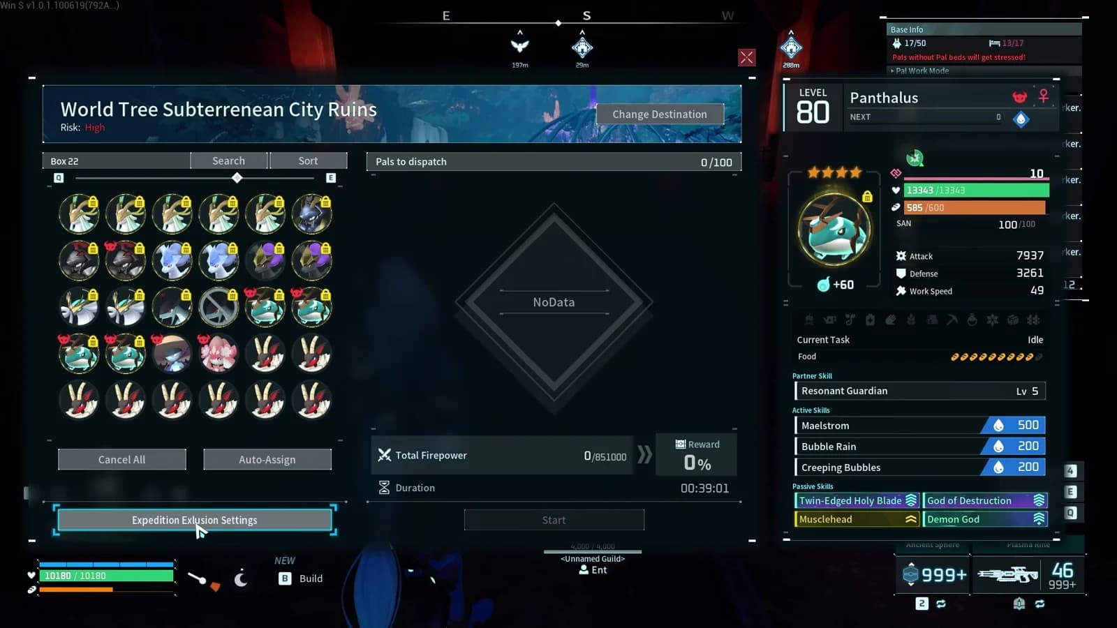 Palworld expedition screen with the Expedition Exclusion Settings button highlighted beneath the available Pal roster