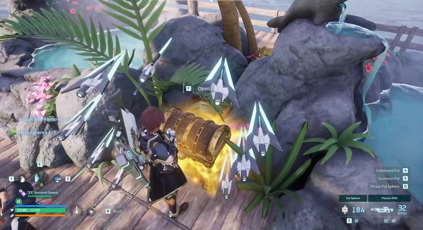 Opening a glowing golden treasure chest at an enemy base in Palworld 1.0