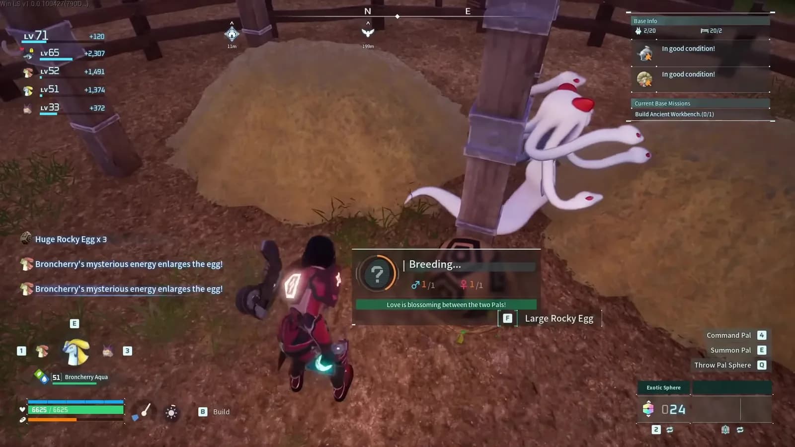 Palworld player collecting breeding eggs as Broncherry triggers Alpha conversion while the three-Pal pickup party is active