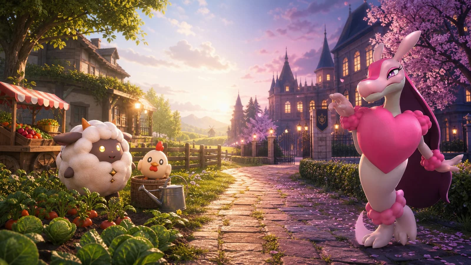 Lamball and Chikipi tend a sunny farm beside Lovander at a cherry-blossom academy.