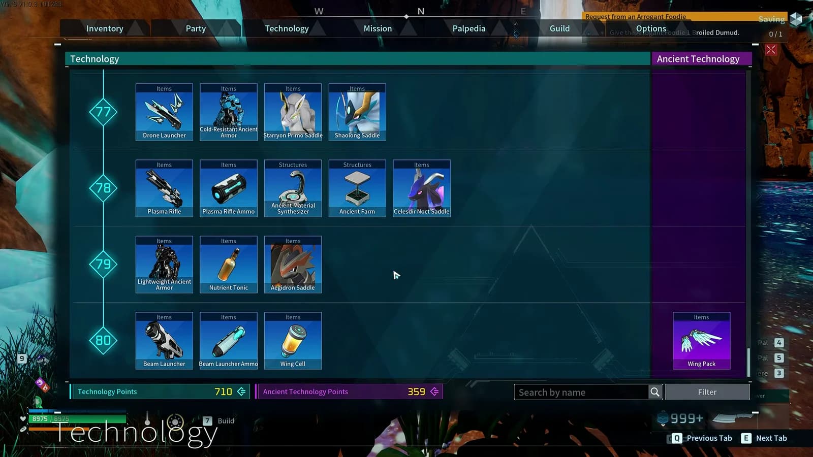 Palworld technology screen showing unlock tiers from level 77 to 80 beside the Ancient Technology tab