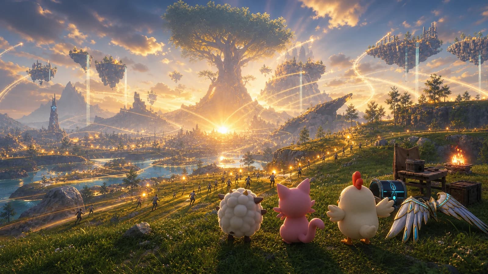 Lamball, Cattiva, and Chikipi watch crowds and golden travel trails converge on the World Tree