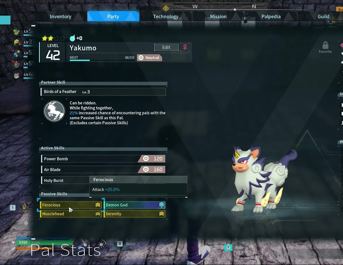 A level 42 Yakumo party screen showing Ferocious, Demon God, Musclehead, and Serenity stacked with the Birds of a Feather partner skill