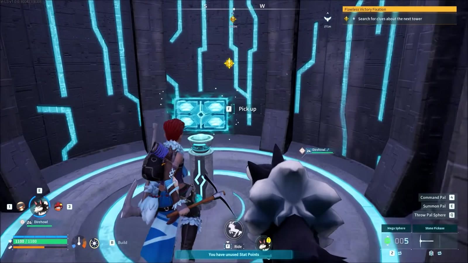 A glowing Palworld ancient ruin interior with a schematic reward on a pedestal