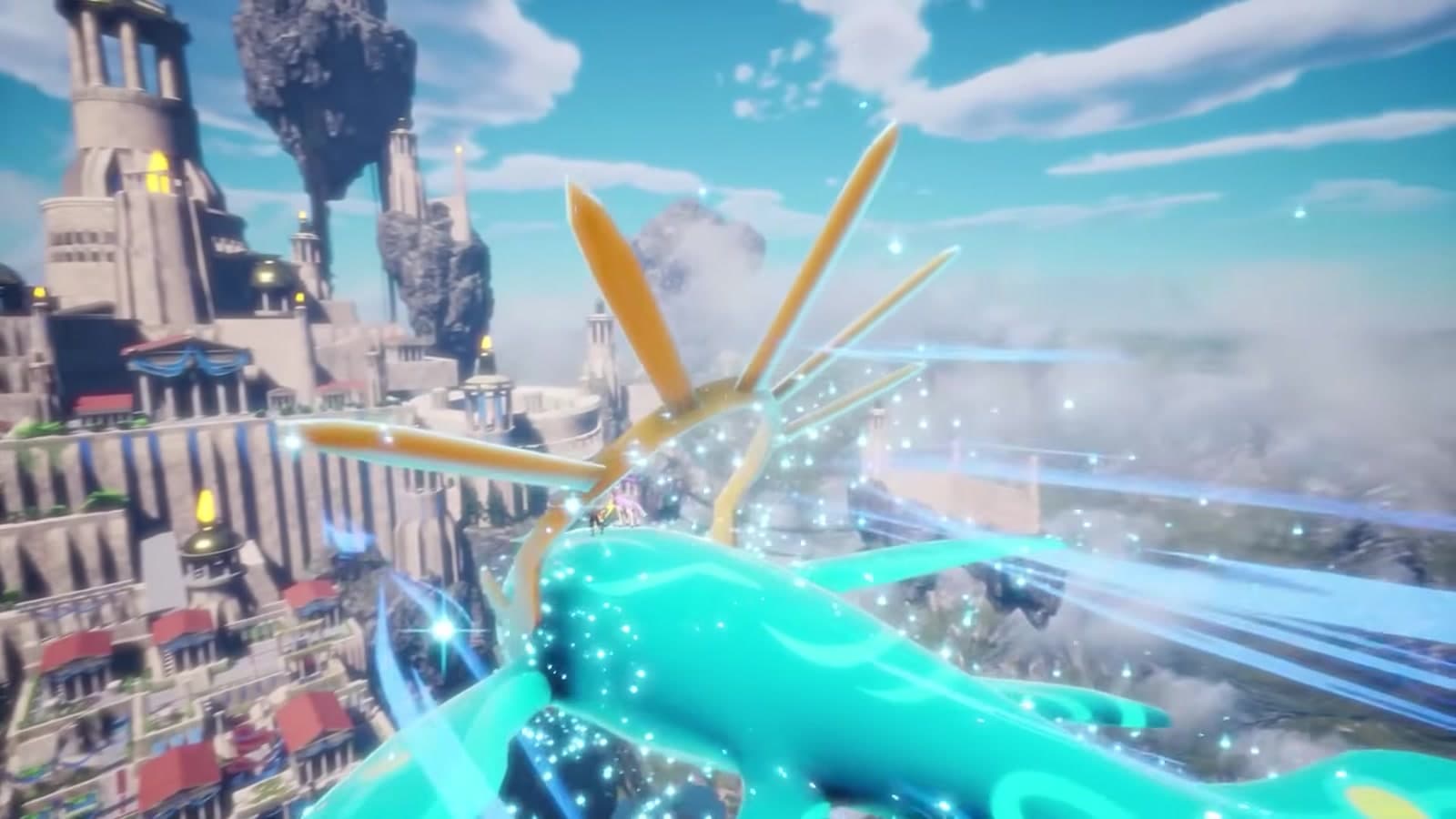 The World Tree endgame zone towering over the ocean in Palworld 1.0