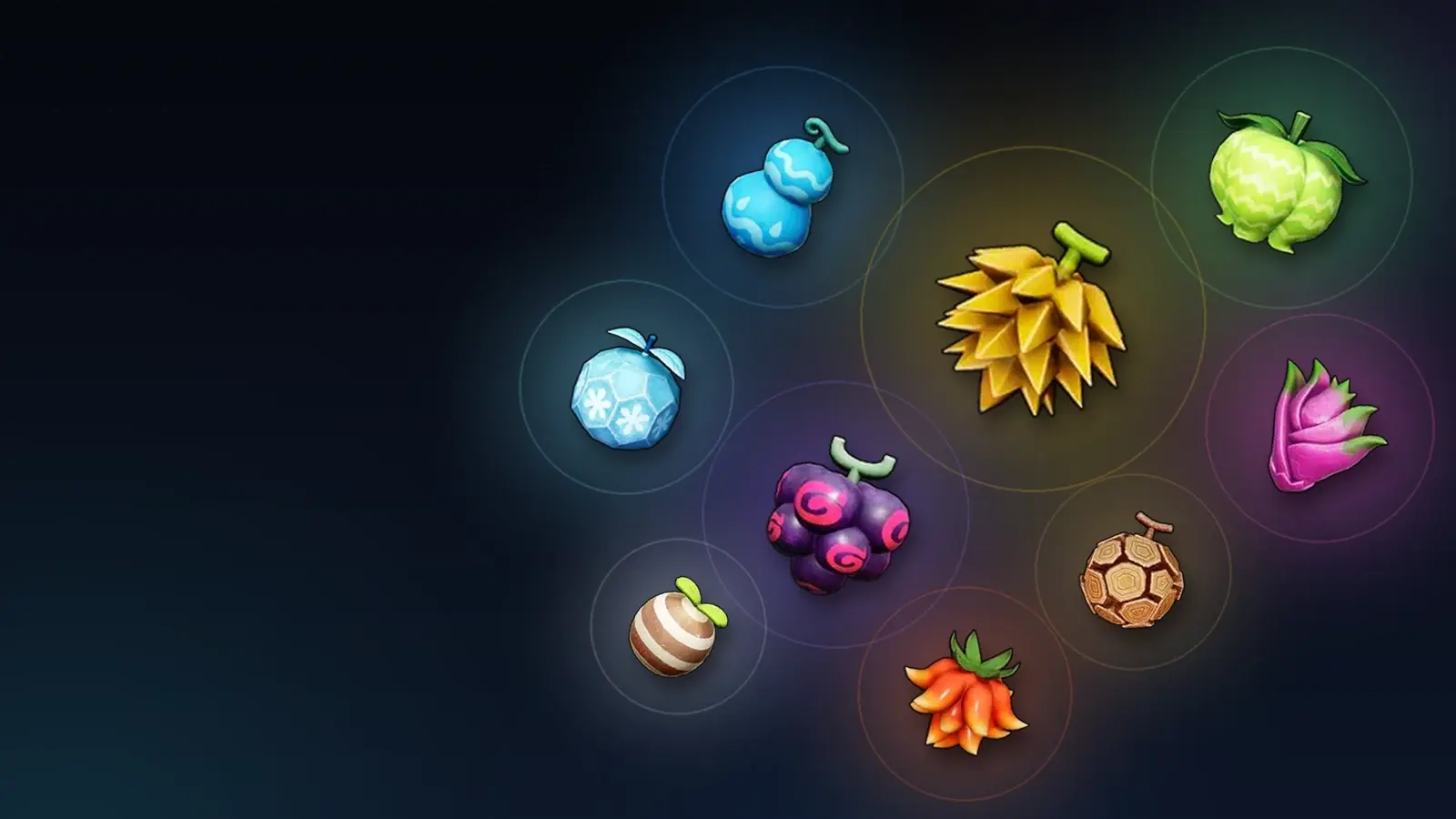 Nine Palworld skill fruits arranged on a dark board, each glowing in its element color