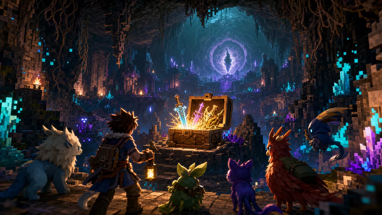 Palworld adventurers entering a torchlit pixel-inspired dungeon with a treasure chest and Moon Lord silhouette