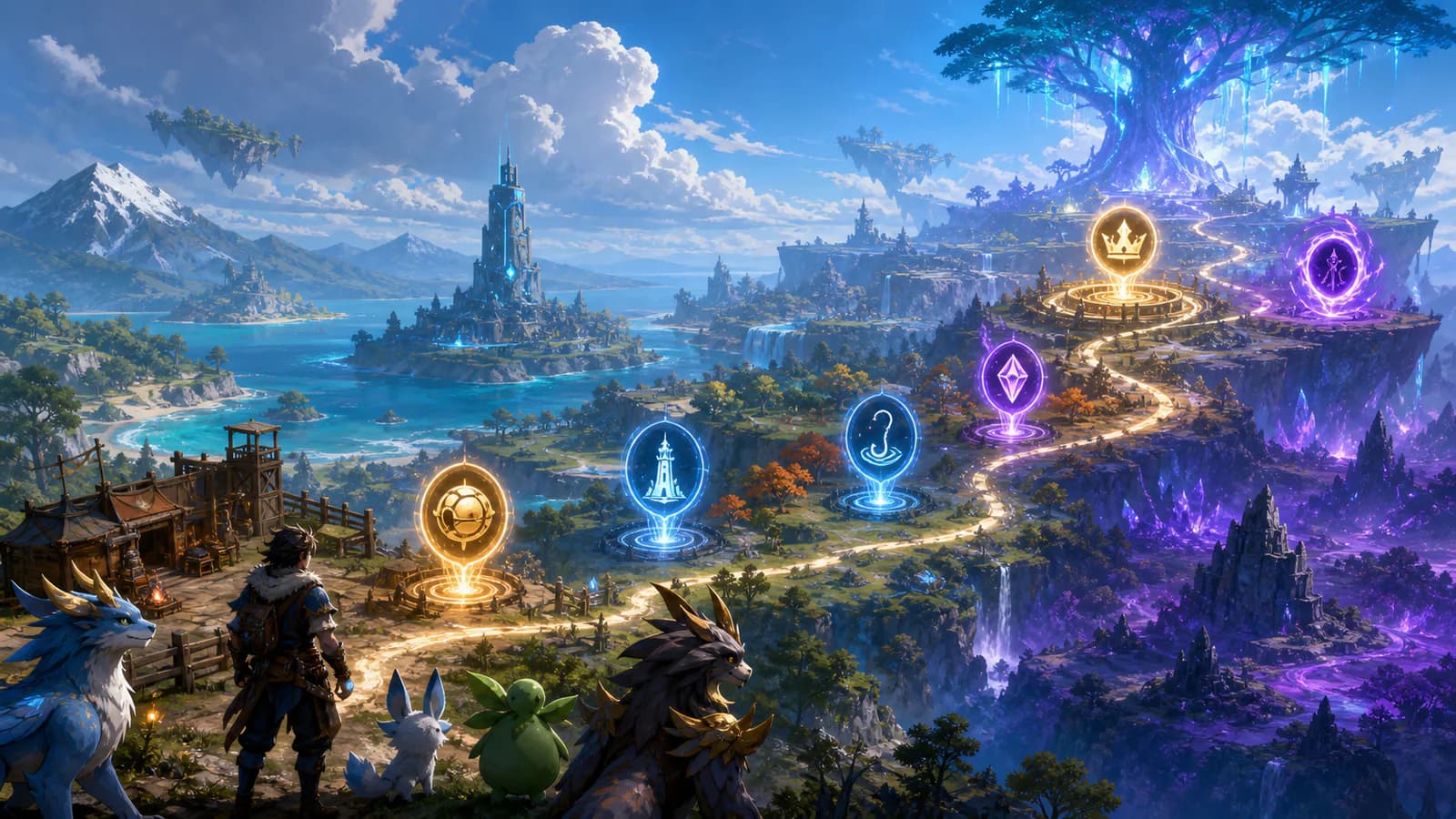An adventurer and creature companions following a milestone route toward the World Tree
