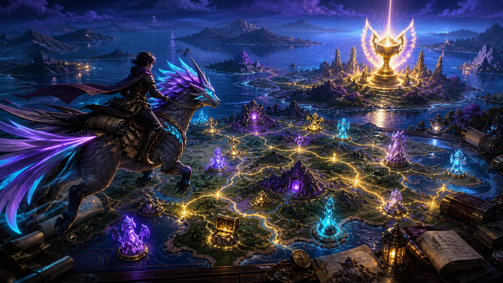 A rider tracing a glowing route through effigies, treasures, dungeons, and travel points