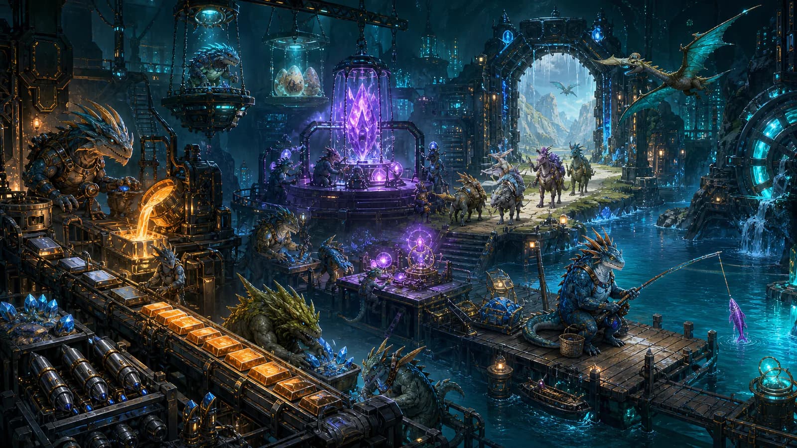 A busy endgame base advancing research, expeditions, production, and fishing together