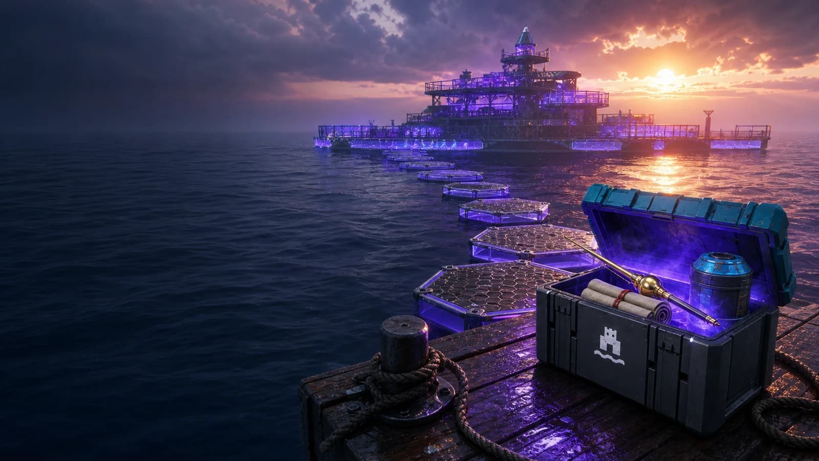 A Palworld Aquatic Construction Kit opening onto a huge base built across open water