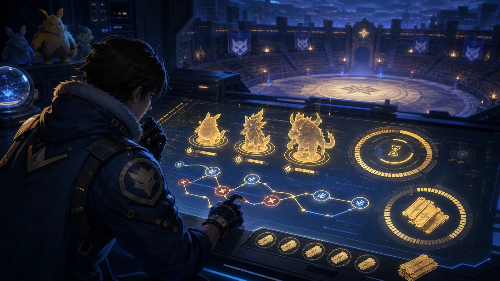A trainer comparing a three-Pal lineup, timer rings, win markers, and Battle Tickets on a tactical table