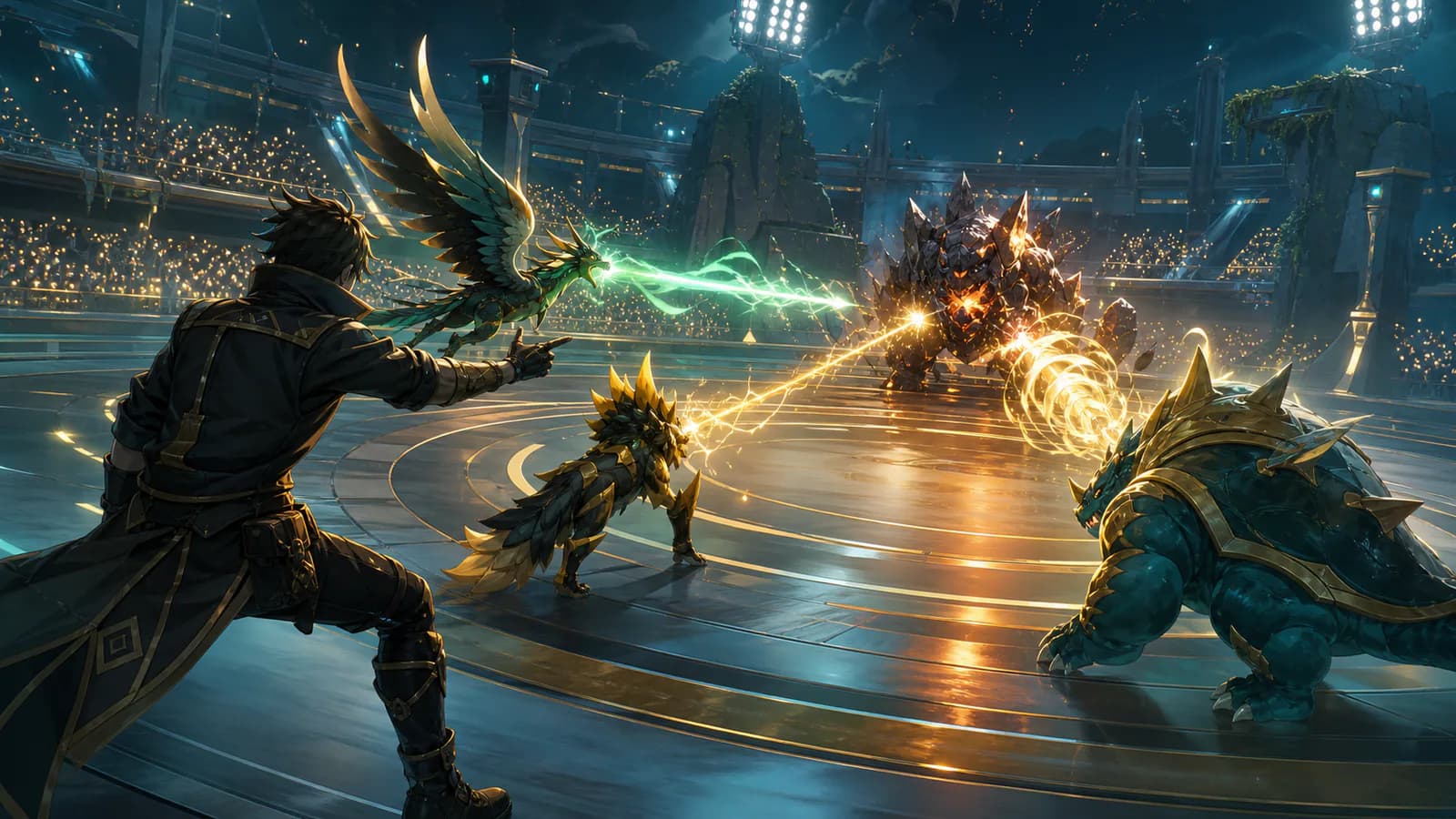 A trainer directing three creature companions to focus one target in a glowing Arena
