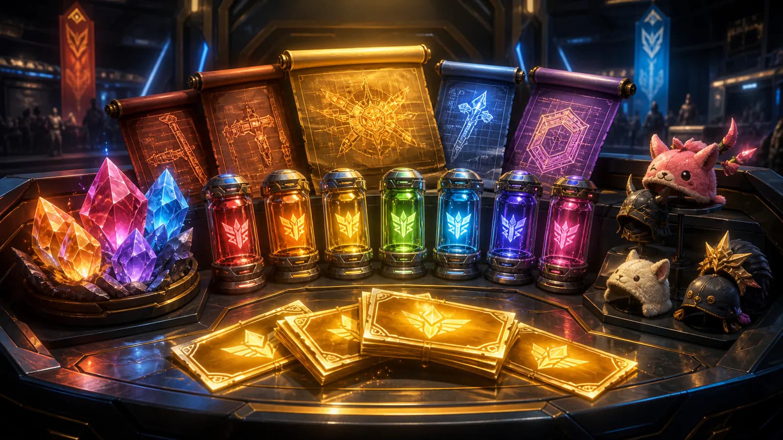 Golden Battle Tickets, implant capsules, Skill Fruits, schematics, and cosmetic hats at an Arena merchant counter