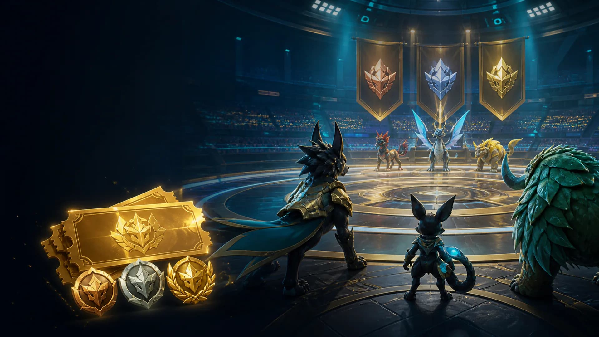 Golden Battle Tickets and ranked emblems overlooking a Palworld arena match